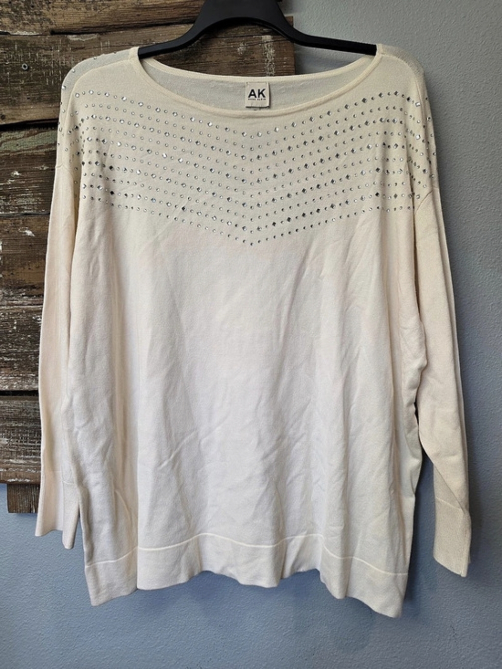 Anne Klein Rhinestone Embellished Boatneck Sweater Cream 2X